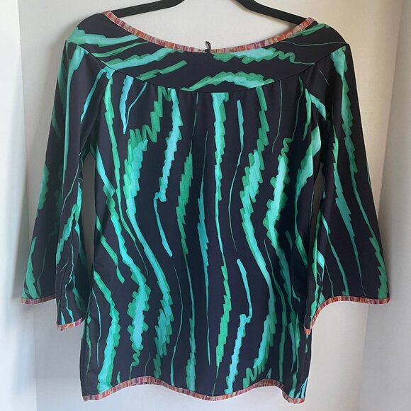 Save the Queen Cowboy 80s Top Womens Large Green Black Boat Neck Stretch - Picture 9 of 9